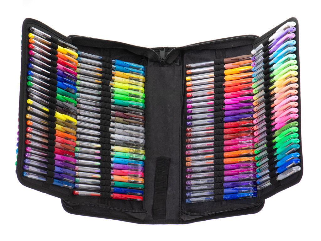Set 120 pixuri cu gel + 120 de rezerve, 4 tipuri de culori, metalice, fluorescente, glitter si multicolore, geanta depozitare, carte de colorat Set 120 pixuri cu gel + 120 de rezerve, 4 tipuri de culori, metalice, fluorescente, glitter si multicolore, geanta depozitare, carte de colorat